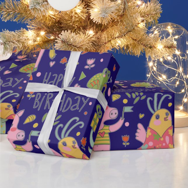 Funny Cartoon Animals Sing Happy Birthday  Wrapping Paper (Holidays)