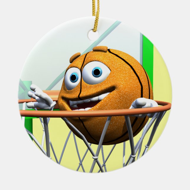 Funny Cartoon Basketball in a Hoop Ceramic Ornament (Front)