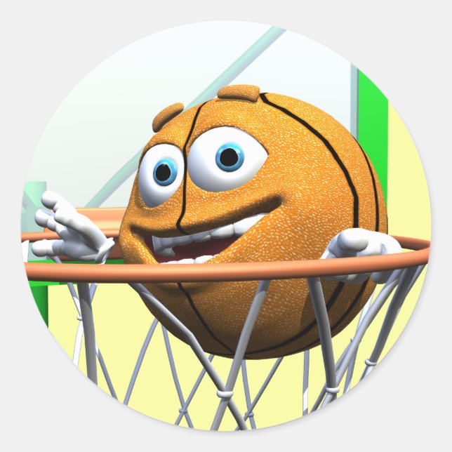 Funny Cartoon Basketball in a Hoop Classic Round Sticker (Front)
