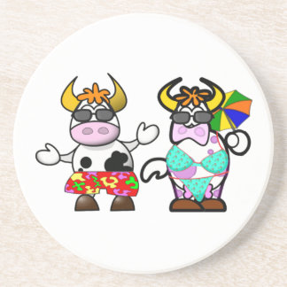 Funny Cartoon Beach Cow Couple Coaster