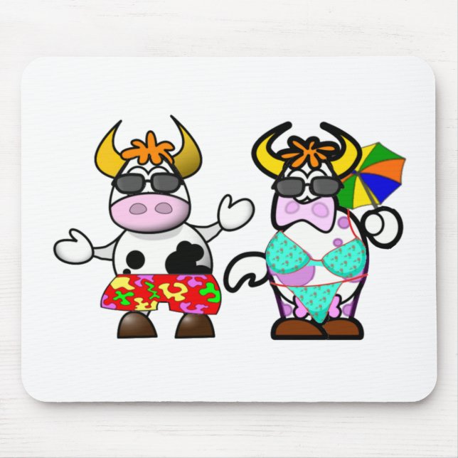 Funny Cartoon Beach Cow Couple Mouse Pad (Front)