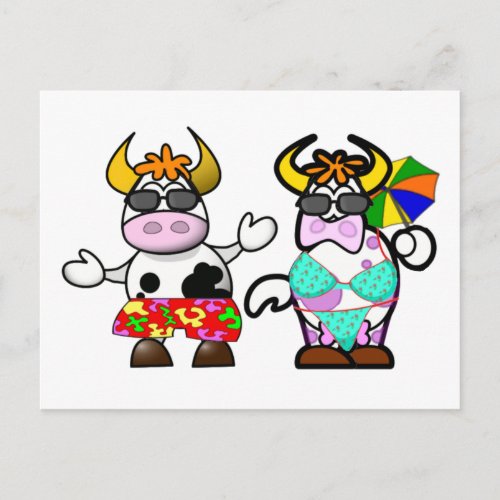 Funny Cartoon Beach Cow Couple Post Card
