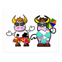 Funny Cartoon Beach Cow Couple Post Card