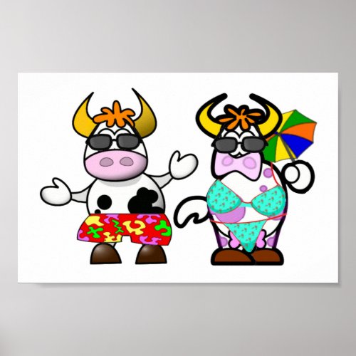 Funny Cartoon Beach Cow Couple Poster