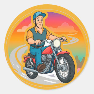 🏍️ Funny Cartoon Biker Riding Motorcycle Fun  Classic Round Sticker