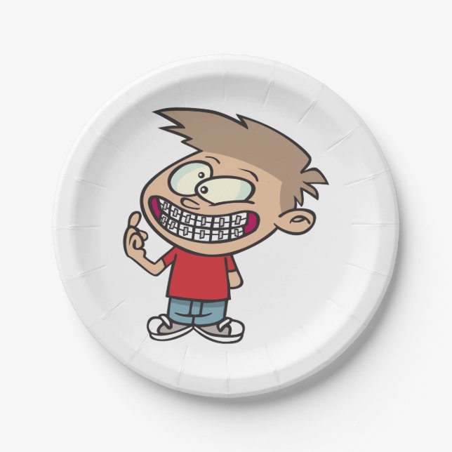 Funny Cartoon Boy with Braces Smile Paper Plates (Front)