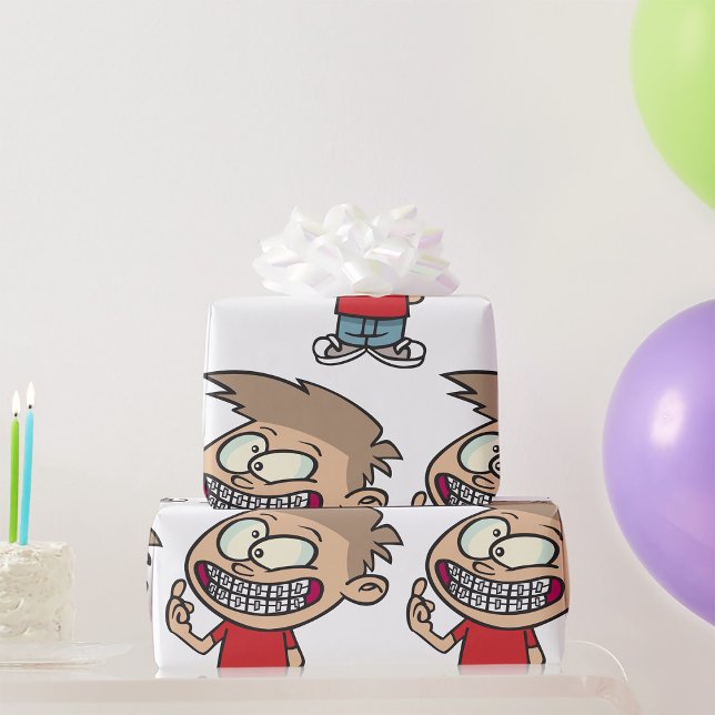 Funny Cartoon Boy with Braces Smile Wrapping Paper (Creator Uploaded)