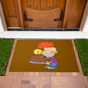 Funny Cartoon Boy with Chocolate Birthday Cake Doormat