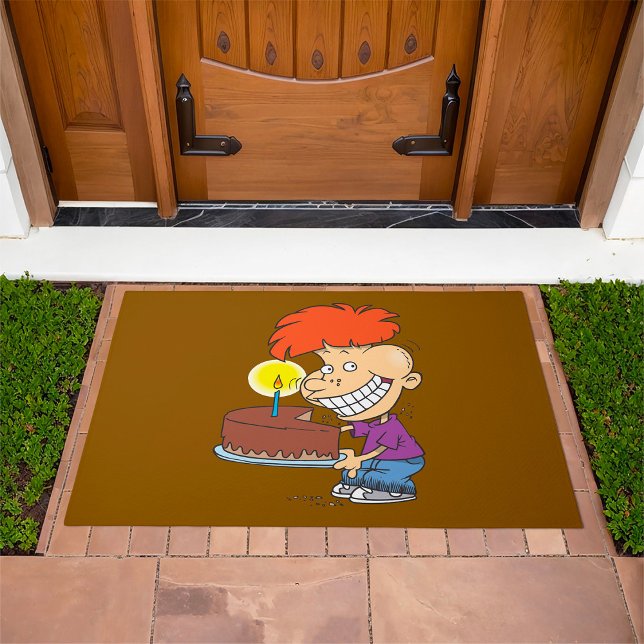 Funny Cartoon Boy with Chocolate Birthday Cake Doormat (Creator Uploaded)