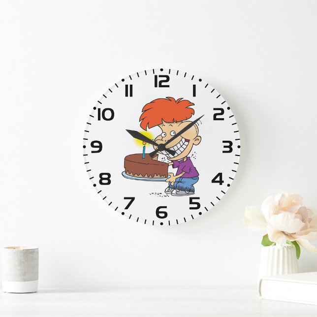 Funny Cartoon Boy with Chocolate Birthday Cake Large Clock (Creator Uploaded)