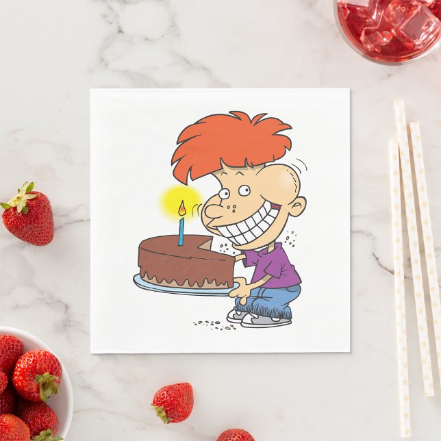 Funny Cartoon Boy with Chocolate Birthday Cake Napkins (Creator Uploaded)