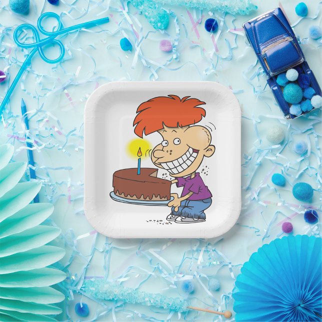 Funny Cartoon Boy with Chocolate Birthday Cake Paper Plates (Creator Uploaded)