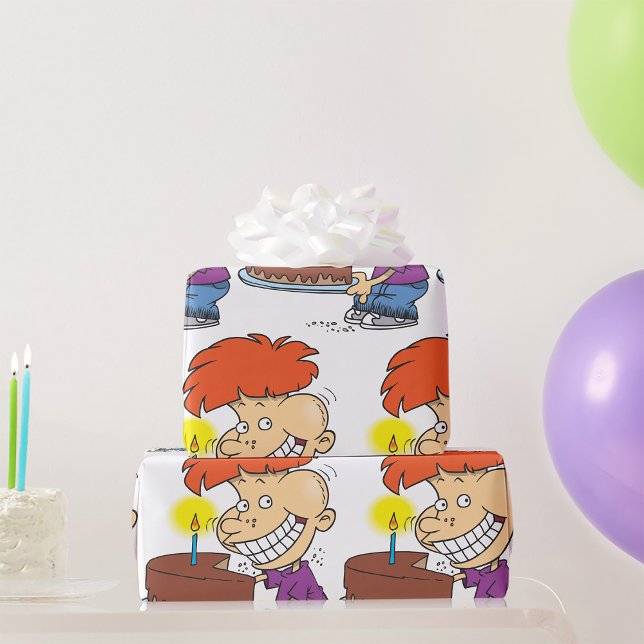 Funny Cartoon Boy with Chocolate Birthday Cake Wrapping Paper (Creator Uploaded)