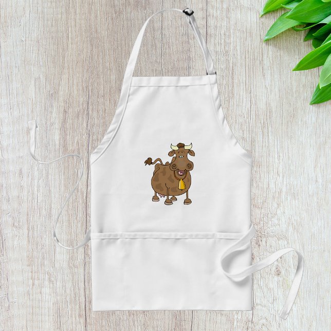 Funny Cartoon Brown Cow with Bell Farm Animal  Adult Apron (Creator Uploaded)