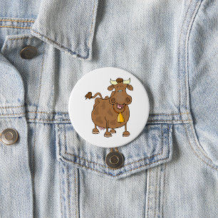 Funny Cartoon Brown Cow with Bell Farm Animal Button