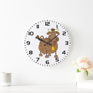 Funny Cartoon Brown Cow with Bell Farm Animal Large Clock