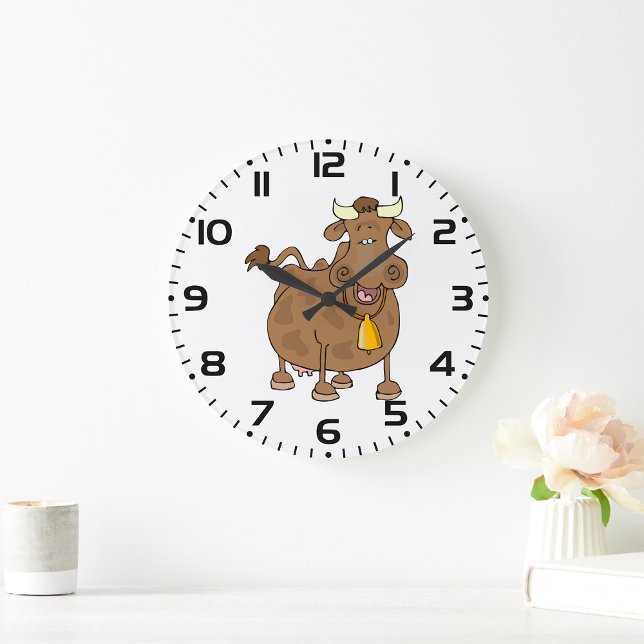Funny Cartoon Brown Cow with Bell Farm Animal  Large Clock (Creator Uploaded)