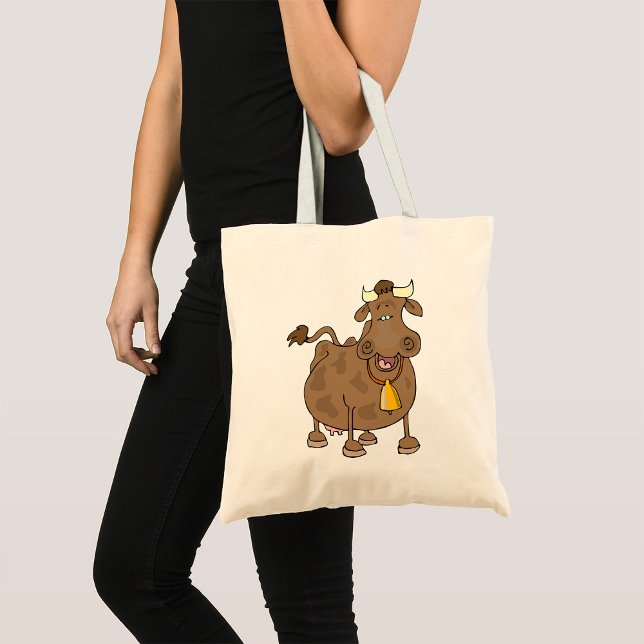 Funny Cartoon Brown Cow with Bell Farm Animal  Tote Bag (Creator Uploaded)