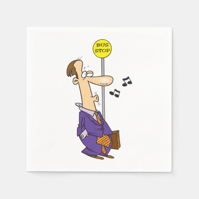 Funny Cartoon Businessman at Bus Stop  Paper Napkins (Front)