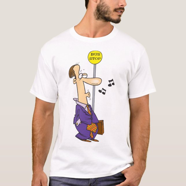 Funny Cartoon Businessman at Bus Stop  T-Shirt (Front)