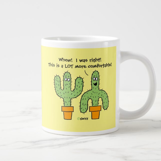 Funny Cartoon Cactus in Pot Bright Yellow Sunshine Large Coffee Mug (Right)