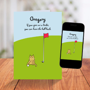 Funny Cartoon Cat Birdie Golf Joke Birthday Card