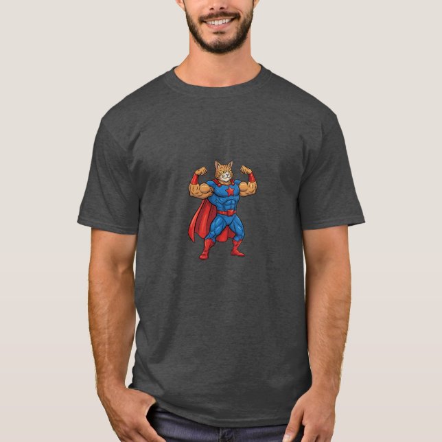 Funny Cartoon Cat SuperHero T-Shirt (Front)