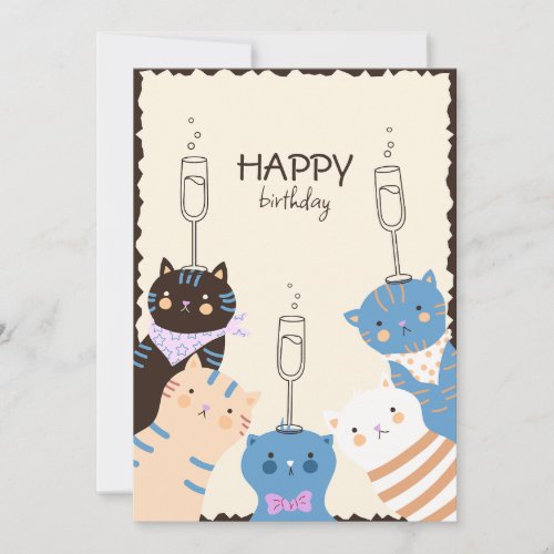 Funny Cartoon Cats and Champagne Birthday Party Invitation