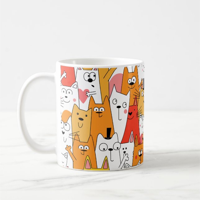 Funny Cartoon Cats Group Doodle Coffee Mug (Left)