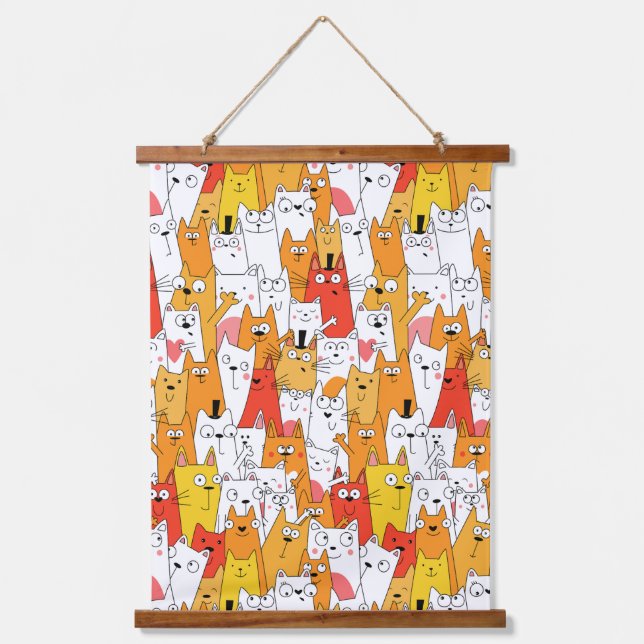 Funny Cartoon Cats Group Doodle Hanging Tapestry (Front)