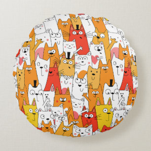 Funny Cartoon Cats Group Doodle Round Pillow