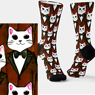 Funny Cartoon Cats in Brown Suits & Bow Ties Socks