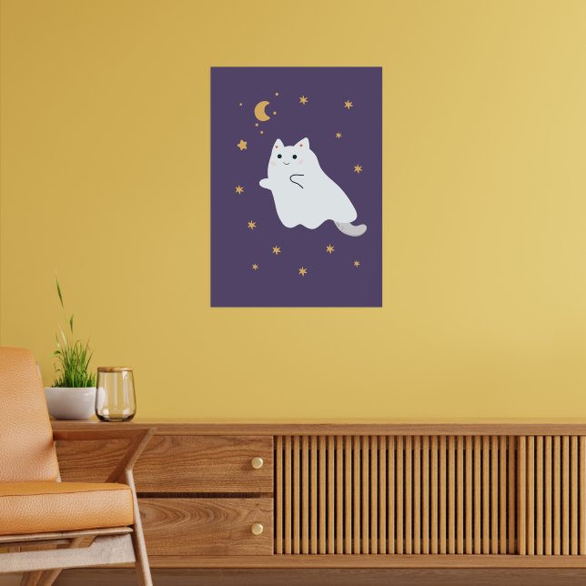 Funny cartoon cats with brooms, pumpkins and ghost poster (Living Room 2)