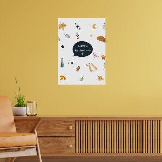 Funny cartoon cats with brooms, pumpkins and ghost poster