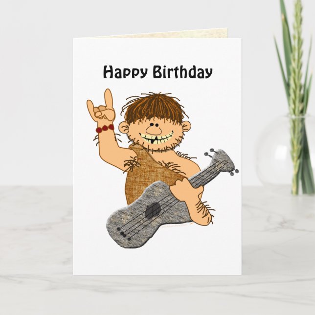 Funny Cartoon Caveman with Guitar Card Template (Front)