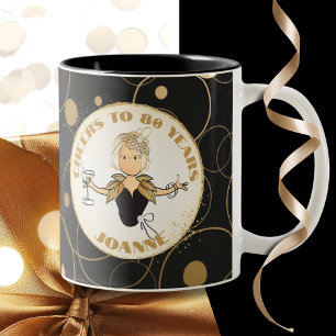Funny Cartoon Cheers to 80 Black Gold for Her  Two-Tone Coffee Mug