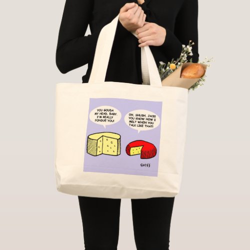 Funny Cartoon Cheese Flirting at Tasting Party Large Tote Bag