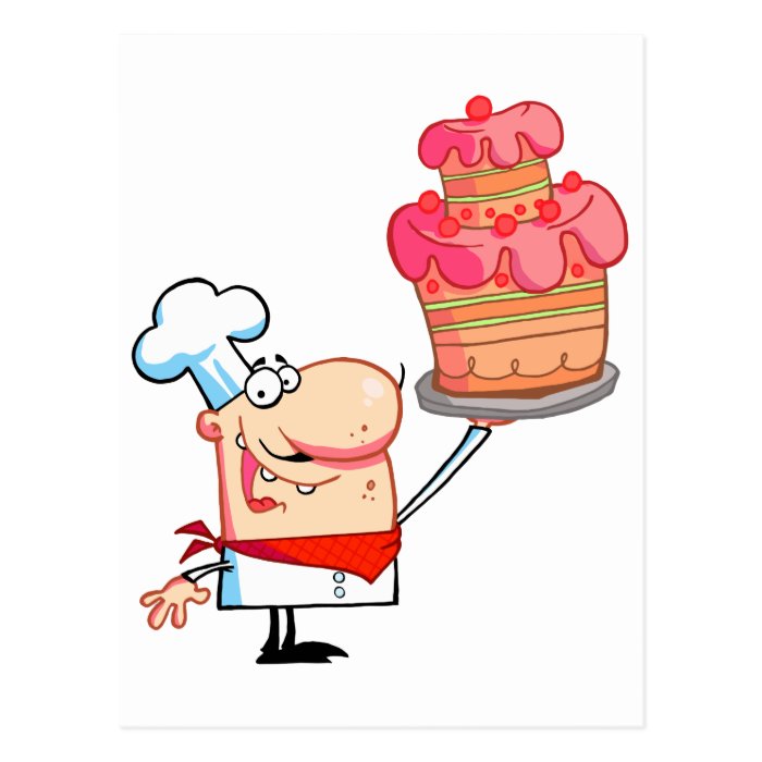 funny cartoon chef holding cake postcards