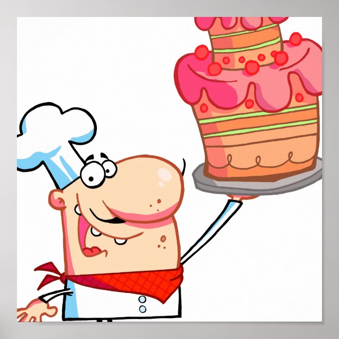 funny cartoon chef holding cake posters