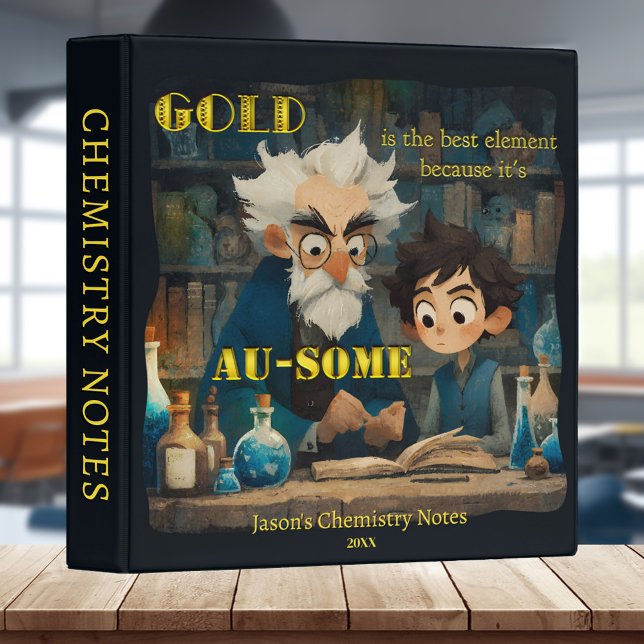 Funny Cartoon Chemistry Back to School Binder (A funny binder featuring a cartoon of a teacher and student in a chemistry lab.)