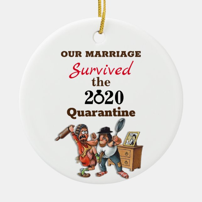 Funny Cartoon Couple Marriage 2020 Quarantine Ceramic Ornament (Front)