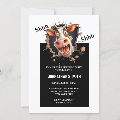 Funny cartoon cow face surprise any age party invitation