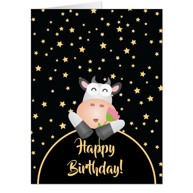 Funny Cartoon Cow With Flower Cute Happy Birthday Card (Front)