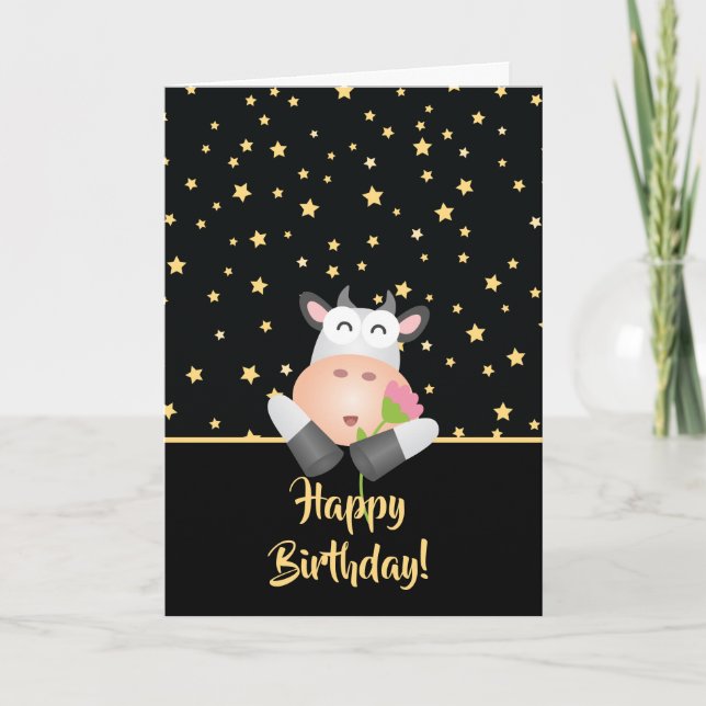 Funny Cartoon Cow With Flower Cute Happy Birthday Card (Front)