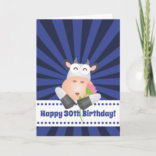 Funny Cartoon Cow With Flower Happy 30th Birthday Card (Front)