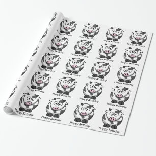 Funny Cartoon Cow with Pink Nose Happy Birthday Wrapping Paper