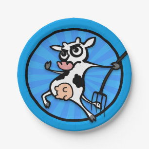 FUNNY CARTOON COW WITH PITCH FORK PAPER PLATE