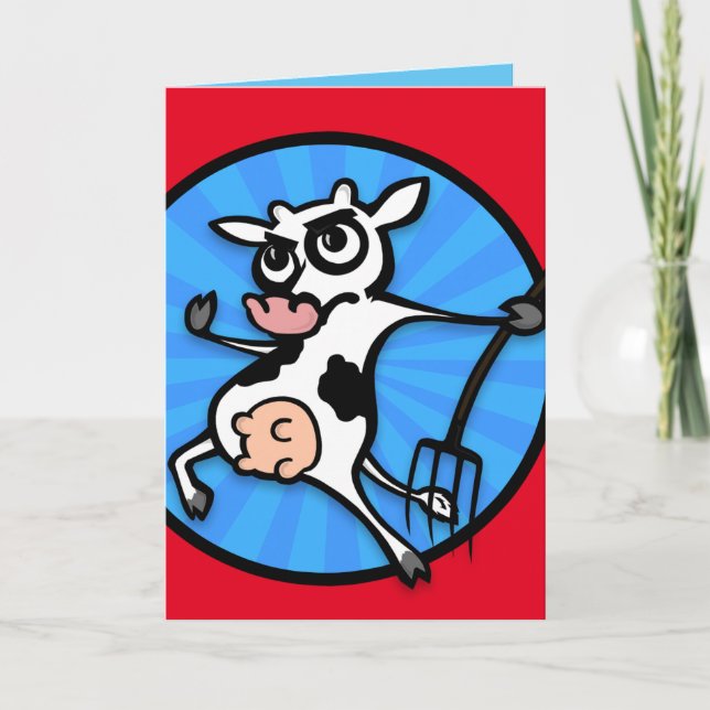 FUNNY CARTOON COW WITH PITCHFORK GREETING CARD (Front)