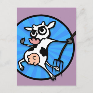 FUNNY CARTOON COW WITH PITCHFORK POSTCARD