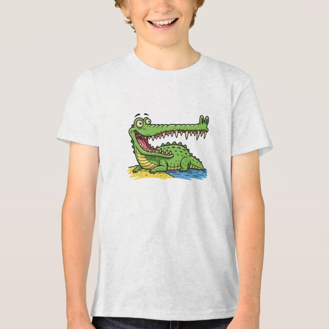 Funny Cartoon Crocodile with Big Smile Tri-Blend Shirt (Front)